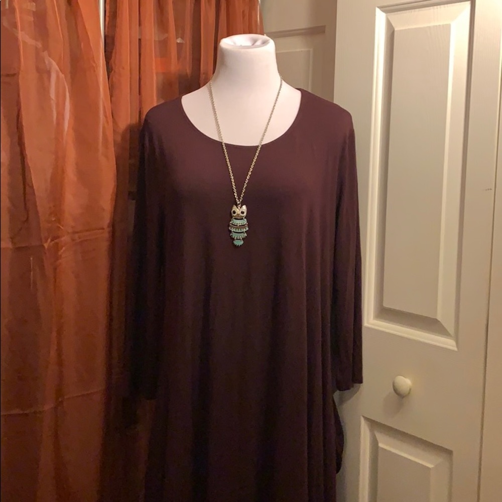 Long sleeve maroon dress with pockets.